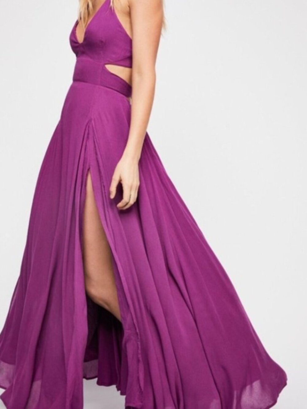 Free People Lille Maxi Halter Dress Seam Slits Back Tie Bell Accents